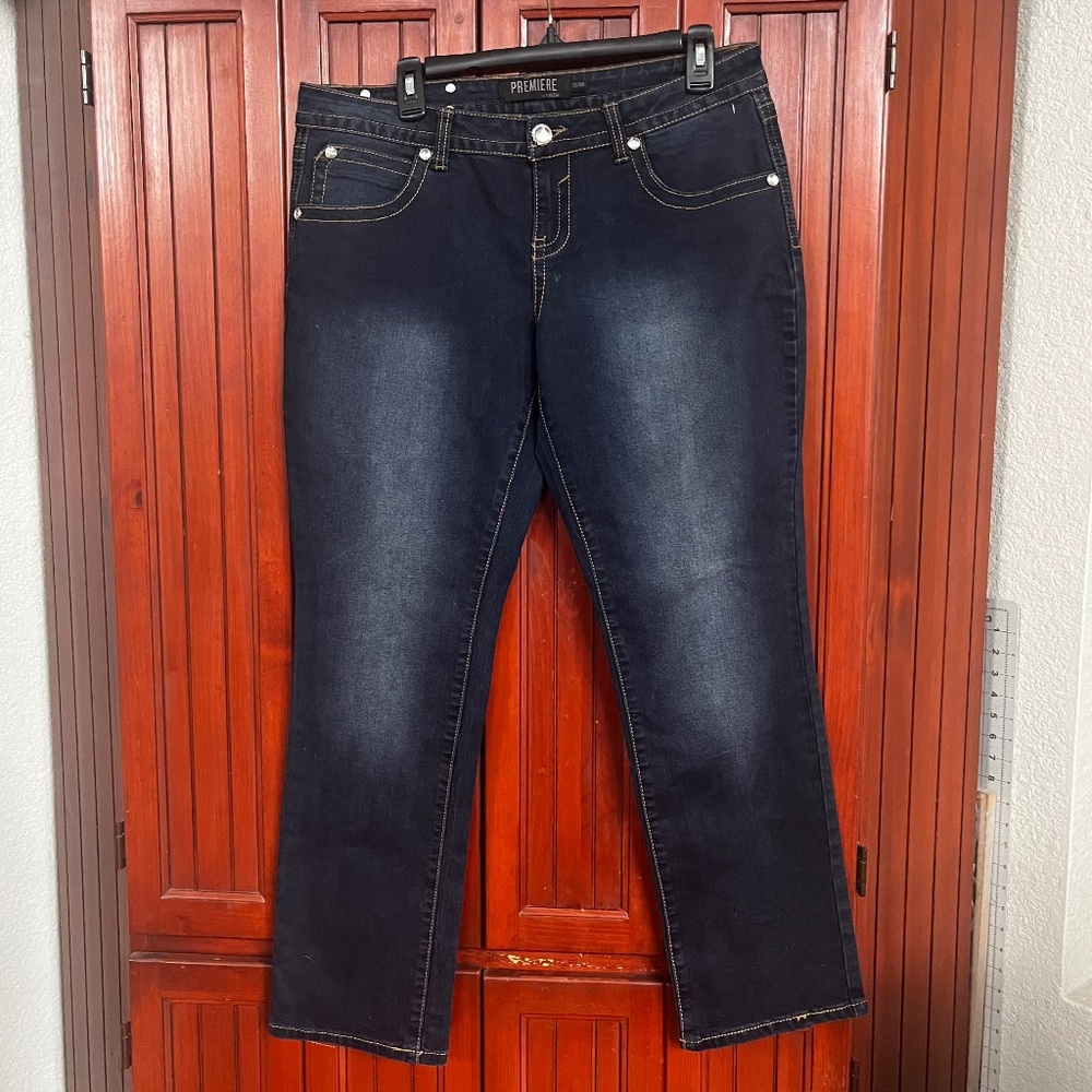Premiere by Rue 21 Blue Denim Low Rise Embellished Straight Leg Jeans Size 13/14